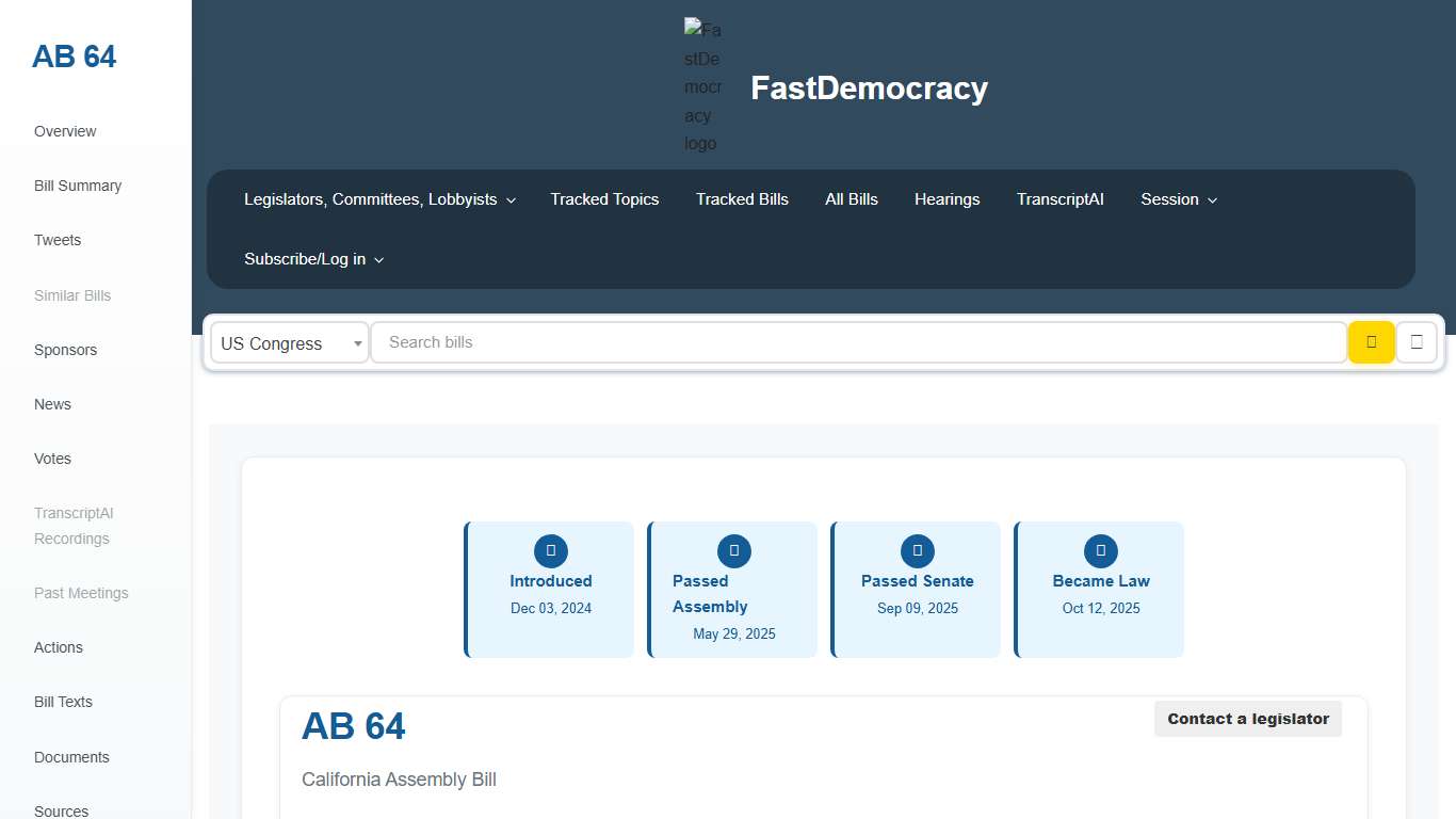 Bill tracking in California - AB 64 (2025-2026 legislative session) - FastDemocracy